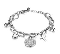 JewelryWe Schmuck Damen Armband Edelstahl doppelt Kette Charmsarmband Armkette mit Symbol St. Benedikt Kreuz Herz Anhänger Silber