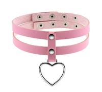 JewelryWe Schmuck Damen Choker Halsband Leder Halskette Gothic Punk Herz Zweischichtig Collier Kette mit Herz Anhänger verstellbare Kragen Halsketten für Frauen Mädchen Rosa