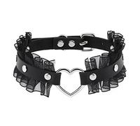 JewelryWe Schmuck Damen Choker Halsband Leder Spitze Halskette Gothic Punk Lolita Herz Collier Kette verstellbare Schnalle Kragen Halsketten für Frauen Mädchen Schwarz