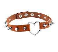 JewelryWe Schmuck Damen Choker Leder Halsband Gothic Punk Lolita Herz Spike Nieten Sklave Kragen Halskette 34-38cm Erstellbare Collier Kette, Braun