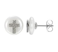 JewelryWe Schmuck Damen Ohrstecker, Edelstahl Perlen Imitation Runde Ohrringe Herz Lebensbaum infinity Kreuz für Frau Mädchen, Weiß Silber