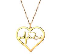 JewelryWe Schmuck Edelstahl Herzschlag Pulse Rhythmus EKG Herzfrequenz Hohl Herz Anhänger mit 45cm Kette, Krankenschwester Arzt Medizinische Stethoskop Charme Halskette für Damen Frau, Gold