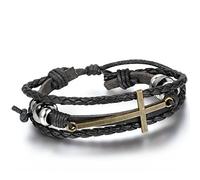 JewelryWe Schmuck Fashion Kreuz Beads Ringe Legierung Leder Armband, Geflochten Herren Damen Lederarmband Armreif, 19,5cm-25,5cm Verstellbare Größe, Schwarz Silber Bronze, mit Geschenk Tüte