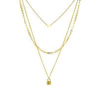 JewelryWe Schmuck Halskette Herren Damen Edelstahl Schloss Herz Anhänger mit Gravur Mehrreihige Mehrschichtige Kette Choker für Männer Frauen Gold