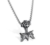 JewelryWe Schmuck Herren Biker Halskette, Edelstahl Gotik Doppelt Wolf Kopf Thors Hammer Anhänger mit 22 Zoll Weizen Kette, Geschenk für Männer Silber