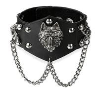 JewelryWe Schmuck Herren Breites Biker Lederarmband, Gotik Punk Rock Wolf Kopf Nieten Leder Armband Armreif mit Ketten, Verstellbaren Größen, Schwarz Silber