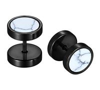 JewelryWe Schmuck Herren Damen Fakeplugs Ohrringe, Edelstahl Fake Piercing Runde Ohrstecker Ohr Plug Flesh Tunnel mit künstlich weiß Türkis Inlay, Schwarz