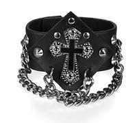 JewelryWe Schmuck Herren Lederarmband Breit, Kreuz Nieten Leder Armband Armreif Manschette mit Kette Schwarz