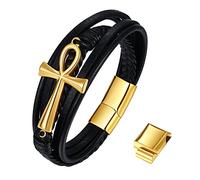 JewelryWe Schmuck Herren Lederarmband, Retro Ägyptische Ankh Kreuz Edelstahl Leder Armband Armreif Manschette, Schwarz Gold