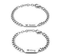 JewelryWe Schmuck Pärchen Armband Edelstahl King & Queen Krone Panzerkette Freundschaftsarmband Valentinstag Lieben Geschenk Partnerarmband Paar Armreifen mit Gravur für Herren Damen Silber