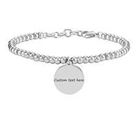 JewelryWe Schmuck Personalisiert Armband Damen Perlenarmband Kugelarmband mit Rund Kreis Anhänger Edelstahl verstellbar Armreif Armkette Gravur Silber