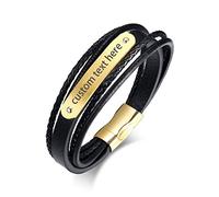 JewelryWe Schmuck Personalisierte Herren Lederarmband mit Gravur, Edelstahl Leder Poliert geflochten mehrreihiges Armband Armreif Manschette, Gold Schwarz