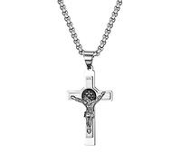 JewelryWe Schmuck Retro Herren Halskette Edelstahl Saint St. Benedikt Jesus Christus Kreuz INRI Anhänger 22 Zoll Kette mit kostenlos Gravur, Silber