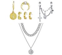 JewelryWe Schmuck Schmuckset 7 Stück Halskette Ohrringe Ring Set Retro Maria Jesus Kreuz Ohrhänger Ohrclips Ohrmanschette Fingerring Stapelbare Knuckle Ring Layered Kette Anhänger