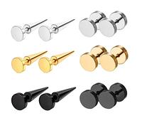 JewelryWe Spike Ohrstecker Fakeplugs Ohrringe - 6 Paar Punk Spitze Taper Rund Kreis Edelstahl Schrauben Ohrringe Fake Tunnel Plugs Ohrpiercings Hip Hop Ohrschmuck für Herren Damen Schwarz/Gold/Silber