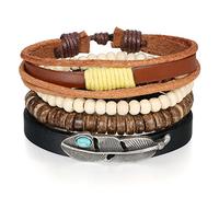 JewelryWe Tibet WICKELARMBAND Leder Armband: Herren Damen Vintage Mehrreihig Lederarmband Leder Seil Geflochten Verstellbar Armreif Perlenarmband mit Blatt Feder Anhänger Holz Perlen Braun Schwarz