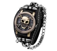 JewelryWe Totenkopf Uhren Herren Leder: Analog Quarz Armbanduhr Gothic Punk Schädel Patronenhülse Gewehrkugel Panzerkette Uhr mit Breit Leder Armband