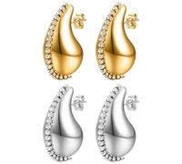 JewelryWe Tropfen Ohrringe Damen Ohrstecker: 2 Paar Dupes Chunky Wassertropfen Ohrringe Edelstahl Zirkonia Dicke Creolen Leichte Waterdrop Teardrop Hollow Hoop Ohrringe für Frauen Mädchen