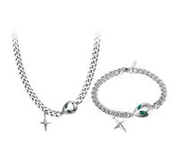 JewelryWe UFO Alien Schmuck Herren: 2 Stück Punk Futuristische Edelstahl Panzerkette mit Stern Anhänger Cyber Sci-Fi Galaxy Kette Space Armband Set Weltraum Männerschmuck für Geburtstag Weihnachten