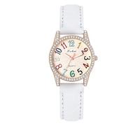 JewelryWe Uhren Damen Leder Diamant: Glitzer Strass Analog Quarz Armbanduhr Frauen Mädchen Weiß Leder Armband Uhr mit Regenbogen Bunten großen Arabischen Zahlen Zifferblatt