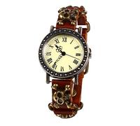 JewelryWe Uhren Damen Leder Totenkopf - Retro Punk Totenkopf Schädel Halloween Armbanduhr Unisex Herren Analog Quarz Uhr mit Römischen Ziffern Zifferblatt und Braun Leder Armband