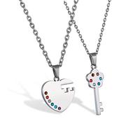 JewelryWe Valentinstag Schmuck 2 Freundschaftsketten Partner Ketten, Regenbogen bunten Strass Edelstahl Herz Schloss Schlüssel Partner-Anhänger Halsketten für Herren & Damen, Silber, kostenlos Gravur