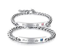 JewelryWe Valentinstag Schmuck 2pcs Herren Damen Partner Armband, Lieben Freundschaftsarmband Geschenke, Her King & His Queen Schrift Krone, Edelstahl Zirkonia, Silber, kostenlos Gravur