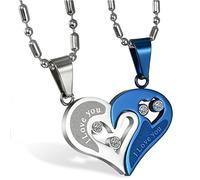 JewelryWe Valentinstag Schmuck 2PCS Paare Halskette Partnerketten Freundschaftsketten Partneranhänger Edelstahl I Love You Gravur Herz Puzzle Anhänger Kette Blau Silber