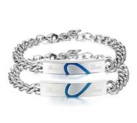JewelryWe Valentinstag Schmuck 2pcs Pärchen Armband Edelstahl Panzerarmband mit Real Love Herz Gravur Panzerkette Partnerarmband Paar Armreif Geschenke für Herren Damen, Silber Blau