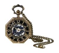 JewelryWe Vintage Achteckige Taschenuhr für Herren: Antik Bronze Analog Quarz Kettenuhr mit skelettierten Zahlen Deckel & Römischen Ziffern Mechanik-Optik Uhr Anhänger Halskette Kette
