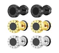 JewelryWe Wikinger Fake Plug Ohrstecker: 3 Paar Nordische Runen Ohrringe Edelstahl Emaille Fake Ohrläppchen Tunnel Schraube Ohr Piercings Kreis Ohrstecker Set für Herren Damen Schwarz/Gold/Silber