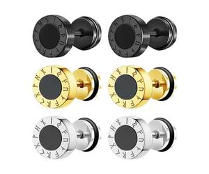 JewelryWe Wikinger Fake Plug Ohrstecker: 3 Paar Nordische Runen Ohrringe Edelstahl Emaille Fake Ohrläppchen Tunnel Schraube Ohr Piercings Kreis Ohrstecker Set für Herren Damen Schwarz/Gold/Silber