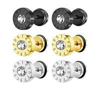 JewelryWe Wikinger Fake Plug Ohrstecker: 3 Paar Nordische Runen Ohrringe mit Zirkonia Edelstahl Fake Ohrläppchen Tunnel Schraube Ohr Piercings Kreis Ohrstecker Set für Herren Damen Schwarz/Gold/Silber
