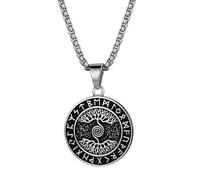 JewelryWe Wikinger Lebensbaum Halskette Herren: Silber Edelstahl Baum des Lebens Runde Medaille Anhänger Kette mit Runen Kompass Nordische Viking Yggdrasil Amulett Schmuck für Männer Frauen