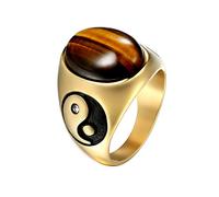 JewelryWe Yin Yang Ring Herren: Retro Herren-Ring Edelstahl Solitaire Tigerauge Stein Biker Tai Chi Yin und Yang Siegelring Punk Band Bandringe mit Gravur Gold Größe 65