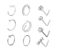 JEYORZY 10 Stück Nasenpiercing Ring Stecker Silber 20G L Form Nasenpiercing Ring Dünn Chirurgenstahl Kleine Nasenring Hoop Nose Ring Helix Ring Septum Ringe Silber Nasenpiercing Set Zähnung Schmuck