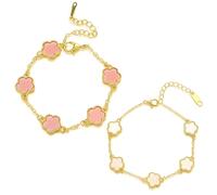 JEYORZY 2 Stück Armband Damen Gold Vierblättriges Kleeblatt Armband Set 18 Karat Vergoldet Armband Edelstahl Verstellbare Glücksbringer mit Klee Gold Schmuck Geschenk für Frauen Mädche(Rosa, Weiß)