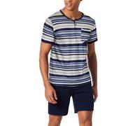 Jezonga Herren Schlafanzug Kurz Baumwolle Nightwear Set Pyjama Shorty Sommer Schlafanzüge Männer Kurzarm Nachtwäsche mit Knopfleiste E#Blau M