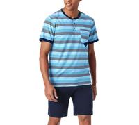 Jezonga Herren Schlafanzug Kurz Baumwolle Nightwear Set Pyjama Shorty Sommer Schlafanzüge Männer Kurzarm Nachtwäsche mit Knopfleiste D#Blau XL