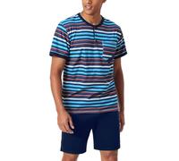 Jezonga Herren Schlafanzug Kurz Baumwolle Nightwear Set Pyjama Shorty Sommer Schlafanzüge Männer Kurzarm Nachtwäsche mit Knopfleiste A#Blau XL