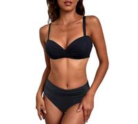 JFAN Damen Bikini Set Rüschen High Waisted Bademode Zweiteiliger Abnehmbaren Trägern Push Up Swimsuit Zurück Krawatte Badeanzug Schwarz M