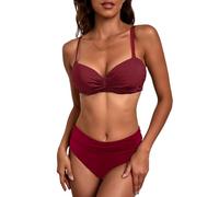 JFAN Damen Bikini Set Rüschen High Waisted Bademode Zweiteiliger Abnehmbaren Trägern Push Up Swimsuit Zurück Krawatte Badeanzug Burgunderrot S