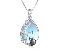 JFASHOP Lebensbaum Kette Mondstein Anhänger Halskette 925 Sterling Silber Katzen Halskette Baum des Lebens Halskette Schwarze Katze Schmuck Geschenke für Katzenliebhaber