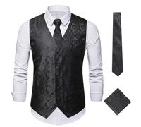 JFNKLFG Elegante Herren-Weste mit Paisley-Jacquardmuster, 3-teilig, Weste Krawatte, Einstecktuch-Set for Herren, ärmellose Jacke, Hochzeit, Geschäftsparty Für Hochzeiten, Geschäftsessen(Black,XXXL)