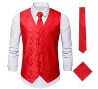 JFNKLFG Elegante Herren-Weste mit Paisley-Jacquardmuster, 3-teilig, Weste Krawatte, Einstecktuch-Set for Herren, ärmellose Jacke, Hochzeit, Geschäftsparty Für Hochzeiten, Geschäftsessen(Red,XL)