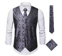 JFNKLFG Elegante Herren-Weste mit Paisley-Jacquardmuster, 3-teilig, Weste Krawatte, Einstecktuch-Set for Herren, ärmellose Jacke, Hochzeit, Geschäftsparty Für Hochzeiten, Geschäftsessen(Grey,L)
