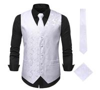 JFNKLFG Elegante Herren-Weste mit Paisley-Jacquardmuster, 3-teilig, Weste Krawatte, Einstecktuch-Set for Herren, ärmellose Jacke, Hochzeit, Geschäftsparty Für Hochzeiten, Geschäftsessen(White,XXL)