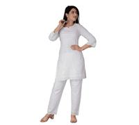 JG JAI GOVINDAM Chikankari, Baumwolle, indisches Kurtis für Damen, Sommerkleid, Tunika, Oberteil, Hose, Set, Pakistanisches Salwar Kameez Anzug-Set, Weiss/opulenter Garten, XL