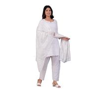 JG JAI GOVINDAM Indischer Kurtis für Damen, Pakistanischer Salwar Kameez Anzug-Set, indische Kleider, Chikankari, weiße Kurti-Hose und Dupatta-Set, Weiss/opulenter Garten, L