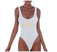 JGA Team Bride Badeanzug Damen Bikini One Piece Badeanzüge Braut Brief Print Bodysuit Strandbekleidung Bridesmaid Team High Cut Swimsuits für Junggesellinnenabschied(#02 Weiß, M)